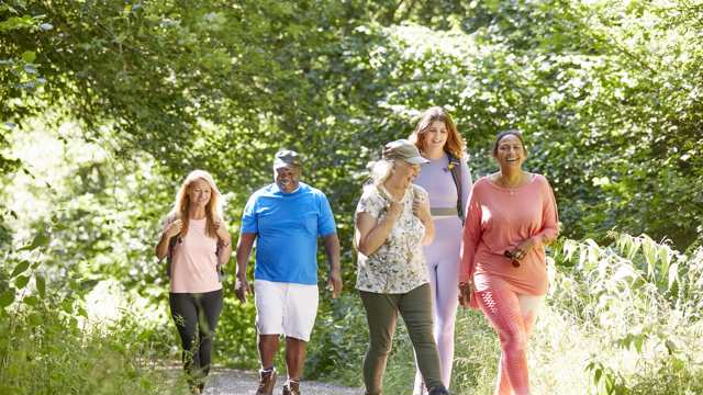 Five people of different ages and ethnicities walk together on a sunny wooded path