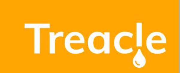 Logo for Treacle- The word Treacle is in white letters against an orange background. The letter L has a raindrop under it